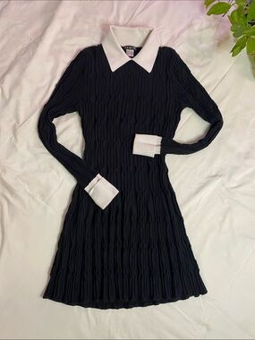 VENUS Black Long Sleeve Ribbed Polo Dress with White Collar & Cuffs
